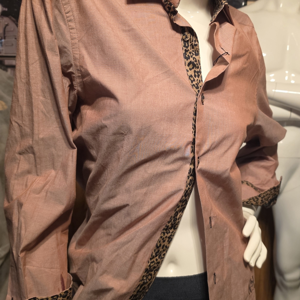 Salmon Button-Up Shirt with Leopard Trim